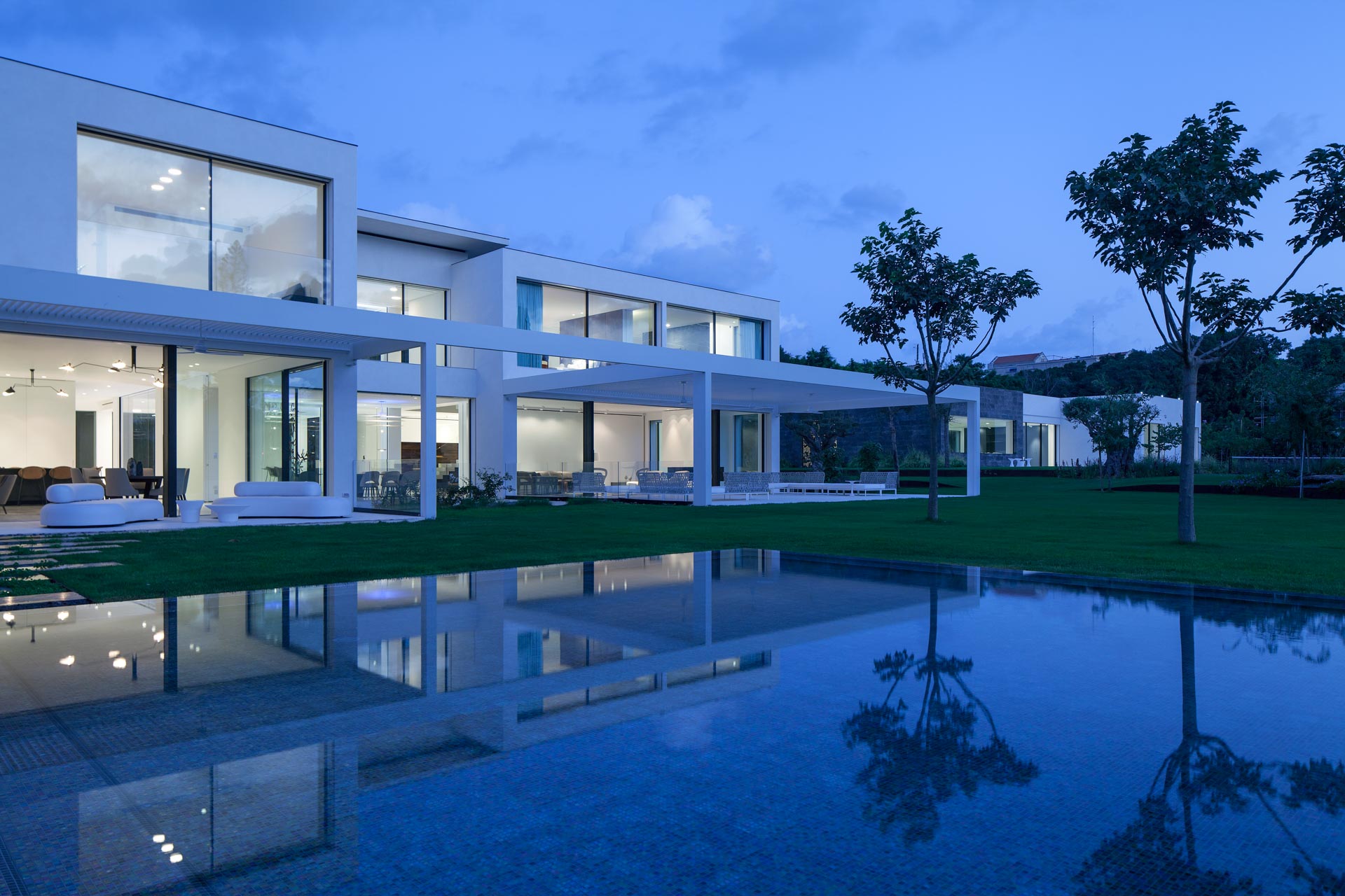 modern white house and pool